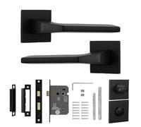 Decoranddecor Penta Matt Black Lever Handle Pair - Aluminium Internal Door Hardware for Wooden Interiors Featuring Bathroom Lock, Turn and Release System, Ideal for Modern Residential Spaces