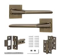 Decoranddecor Pera Antique Brass Internal Door Handle Set with Aluminium Lever, Fire Rated Tubular Mortice Latch and Matching Hinges for Wooden Interior Doors, Classic Polished Brass Effect