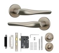 Decoranddecor Satin Nickel Interior Door Handle Set with Privacy Lock, Aluminum Construction, Nanda Range