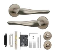 Decoranddecor Satin Nickel Internal Door Handles - Aluminium Handle Set with Silver Finish and Bathroom Lock | Nanda Range