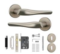 Decoranddecor Satin Nickel Internal Door Handles - Aluminium Handle Sets Silver for Wooden Doors | Fire Rated Sash Lock with Keys | Nanda Range