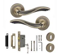 Decoranddecor Solace Antique Brass Door Handles, Sash Lock Kit 76mm | Scrolled Wave Lever on Rose, 76mm Sash Lock & Keyed Escutcheons, Sprung Return, Fir CE Lock, Lockable Interior Doors