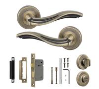 Decoranddecor Solace Antique Brass Internal Door Handles, Bathroom Kit 76mm | Scrolled Wave Lever on Rose, 76mm Bathroom Lock & WC Turn, Thumbturn & Release, Fir Lock, Internal Bathroom Doors