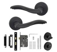 Decoranddecor Solace Black Internal Door Handles - Aluminium Matt Black Handle Sets with Bathroom Lock and Turn Release - Sleek and Durable Design for Modern Interior Doors