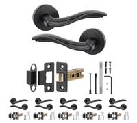 Decoranddecor Solace Matt Black Door Handles, Latch Kit 64mm 6 Pack | Scrolled Wave Lever on Round Rose, 64mm Tubular Latch Included, Sprung Return, Fir CE Latch, Internal Doors, 6 Sets