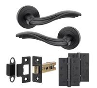 Decoranddecor Solace Matt Black Internal Door Handles, Hinge Kit 102mm | Scrolled Wave Lever on Round Rose, 76mm Latch & 2x 102mm Hinges, Sprung Return, Fir CE Mechanism, Interior Doors