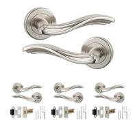 Decoranddecor Solace Satin Nickel Door Handles, Latch Kit 64mm 4 Pack | Scrolled Wave Lever on Round Rose, 64mm Tubular Latch Included, Sprung Return, Fir CE Latch, Internal Doors, 4 Sets