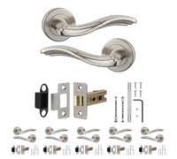Decoranddecor Solace Satin Nickel Door Handles, Latch Kit 64mm 6 Pack | Scrolled Wave Lever on Round Rose, 64mm Tubular Latch Included, Sprung Return, Fir CE Latch, Internal Doors, 6 Sets