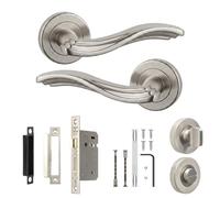 Decoranddecor Solace Satin Nickel Internal Door Handles, Bathroom Kit 76mm | Scrolled Wave Lever on Rose, 76mm Bathroom Lock & WC Turn, Thumbturn & Release, Fir Lock, Internal Bathroom Doors
