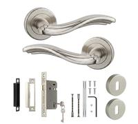 Decoranddecor Solace Satin Nickel Internal Door Handles, Sash Lock Kit 76mm | Scrolled Wave Lever on Rose, 76mm Sash Lock & Keyed Escutcheons, Sprung Return, Fir CE Lock, Lockable Interior Doors