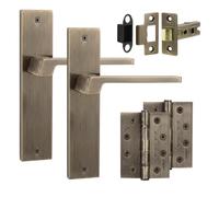 Decoranddecor Spectra Antique Brass Backplate Door Handles, Hinge Kit 102mm | Square Lever Pair on Plain Backplate, 76mm Latch & 2x 102mm Hinges, Sprung Return, Fir CE Mechanism, Interior Doors