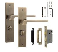 Decoranddecor Spectra Antique Brass Backplate Handles, Bathroom Kit 64mm | Square Lever Pair, 64mm Bathroom Lock & WC Turn, Thumbturn & Release, Fire Rated Lock, Internal Bathroom Doors, 1 Set