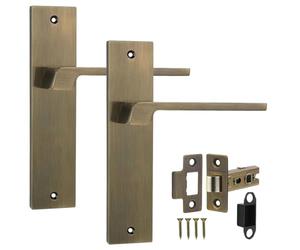 Decoranddecor Spectra Antique Brass Internal Door Handle Set - Keyhole Backplate Handles with 2.5in Fir Tubular Mortise Latch for Commercial & Residential Use