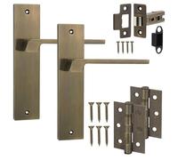 Decoranddecor Spectra Antique Brass Internal Entry Handle Set - Keyhole Backplate Door Handles with 2.5in Tubular Mortise Latch & Fire Rated Hinges; Lever Door Handles with Backplate