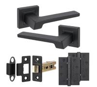 Decoranddecor Spectra Matt Black Internal Door Handles, Hinge Kit 102mm | Angular Lever on Square Rose, 76mm Latch & 2x 102mm Hinges, Sprung Return, Fir CE Mechanism, Interior Doors, 1 Set