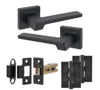 Decoranddecor Spectra Matt Black Internal Door Handles, Hinge Kit 76mm | Angular Lever on Square Rose, 64mm Latch & 2 Hinges Included, Sprung Return, Fir CE Mechanism, Internal Doors, 1 Set