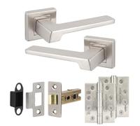 Decoranddecor Spectra Satin Nickel Internal Door Handles, Hinge Kit 102mm | Angular Lever on Square Rose, 76mm Latch & 2x 102mm Hinges, Sprung Return, Fir CE Mechanism, Interior Doors, 1 Set