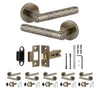 Decoranddecor Tore Antique Brass Door Handles, Latch Kit 64mm 6 Pack | Diamond Textured Lever on Round Rose, 64mm Tubular Latch Included, Sprung Return, Fire Rated CE Latch, Internal Doors, 6 Sets