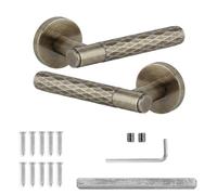 Decoranddecor Tore Antique Brass Internal Door Handles, 1 Pair | Diamond Textured Lever on Round Rose, Sprung Return, 8mm Spindle, Bolt Through & Screw Fixings, Internal Doors, 1 Pair