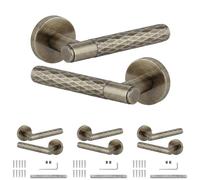 Decoranddecor Tore Antique Brass Internal Door Handles 4 Pack | Diamond Textured Lever on Round Rose, Sprung Return, 8mm Spindle, Bolt Through & Screw Fixings, Internal Doors, 4 Pairs