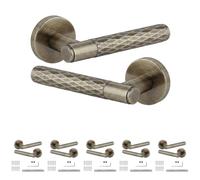 Decoranddecor Tore Antique Brass Internal Door Handles 6 Pack | Diamond Textured Lever on Round Rose, Sprung Return, 8mm Spindle, Bolt Through & Screw Fixings, Internal Doors, 6 Pairs
