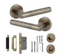 Decoranddecor Tore Antique Brass Internal Door Handles, Bathroom Kit 64mm | Diamond Textured Lever on Rose, 64mm Bathroom Lock & WC Turn, Thumbturn & Release, Fire Rated Lock, Internal Bathroom Doors