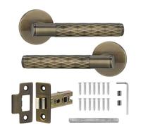 Decoranddecor Tore Lever On Rose Door Handles - Diamond Pattern Antique Brass Handle Set with 2.5-Inch Tubular Latch for Bedrooms, Bathrooms & Living Spaces