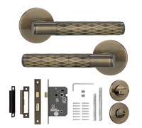 Decoranddecor Tore Lever On Rose Door Handles - Diamond Pattern Antique Brass Handle Set with Bathroom Lock for Toilet & Bathroom Doors