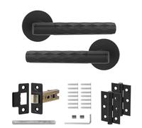 Decoranddecor Tore Lever On Rose Door Handles - Diamond Pattern Matt Black Handle Set with 2.5-Inch Tubular Latch & Hinges for Internal Doors