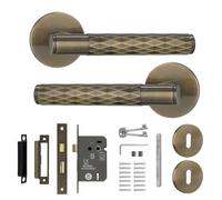 Decoranddecor Tore Lever On Rose Door Handles with Diamond Pattern - Comprehensive Internal Door Handle Set with Sash Lock, Keys and Matching Fixings in Antique Brass