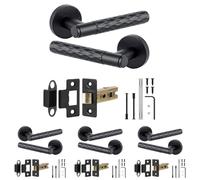 Decoranddecor Tore Matt Black Internal Door Handles, Latch Kit 64mm 4 Pack | Diamond Textured Lever on Round Rose, 64mm Tubular Latch Included, Sprung Return, Fir CE Latch, Internal Doors, 4 Sets