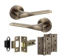 Decoranddecor Verita Antique Brass Internal Door Handles, Hinge Kit 102mm | Sculpted Lever on Round Rose, 76mm Latch & 2x 102mm Hinges, Sprung Return, Fir CE Mechanism, Interior Doors, 1 Set