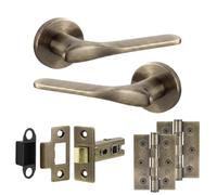 Decoranddecor Verita Antique Brass Internal Door Handles, Hinge Kit 76mm | Sculpted Lever on Round Rose, 64mm Latch & 2 Hinges Included, Sprung Return, Fir CE Mechanism, Internal Doors, 1 Set