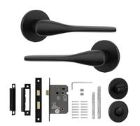Decoranddecor Verita matt Black Internal Door Handle Set with Bathroom Lock, Aluminium Lever on Rose with Turn and Release, Modern Hardware for Wooden Interior Toilet, ensuite and Shower Doors