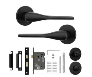 Decoranddecor Verita matt Black Internal Door Handle Set with Bathroom Lock, Aluminium Lever on Rose with Turn and Release, Modern Hardware for Wooden Interior Toilet, ensuite and Shower Doors