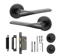 Decoranddecor Verita Matt Black Internal Door Handles, Bathroom Kit 64mm | Sculpted Lever on Round Rose, 64mm Bathroom Lock & WC Turn, Thumbturn & Release, Fir Lock, Internal Bathroom Doors