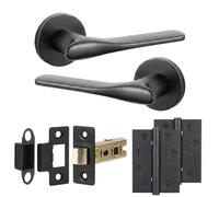 Decoranddecor Verita Matt Black Internal Door Handles, Hinge Kit 102mm | Sculpted Lever on Round Rose, 76mm Latch & 2x 102mm Hinges, Sprung Return, Fir CE Mechanism, Interior Doors, 1 Set
