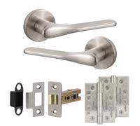 Decoranddecor Verita Satin Nickel Internal Door Handles, Hinge Kit 102mm | Sculpted Lever on Round Rose, 76mm Latch & 2x 102mm Hinges, Sprung Return, Fir CE Mechanism, Interior Doors, 1 Set
