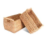 Decorasian Storage Basket, Braided from Water Hyacinth, Seagrass, Long and Narrow, with Wooden Handle