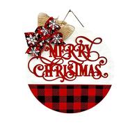 Decorated Christmas Wreath Sign Wooden Christmas Front Door Hanging Frosted Lambs Ear Garland (Red, 1)