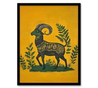 Decorated Goat Spirit Yellow Green Folk Art Framed Art Print Artery8 Mustard W12 inch x H16 inch