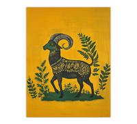 Decorated Goat Spirit Yellow Green Folk Art Wall Art Print Artery8 Mustard W24 inch x H32 inch