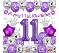 Decoration 11th Birthday Girl Balloon - Purple Happy 11th Birthday Garland Banner and Colourful 3D Butterflies, Star Crowns Giant Number Foil Balloon for Children 11 Years Birthday Decoration