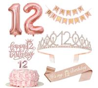Decoration 12th Birthday Girl, 12th Birthday Crown and Sash, Happy Birthday Banner, Cake Decoration and Candles, Rose Gold Foil Balloon 12, Birthday Gift for 12 Year Old Girls
