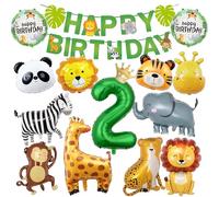 Decoration 2nd Birthday Boy Girl - 29 Pieces Jungle Birthday Decoration 2 Year, Wild Animals Birthday Decoration with Happy Birthday Banner and Zebra Giraffe Animal Balloon, Forest Animals Decoration