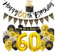 Decoration 60th Birthday Woman Man Balloons - Black Gold Happy Birthday Garland Cake Decoration and Sash, XXL Number Balloon and Bunting for 60th Birthday Party Decoration