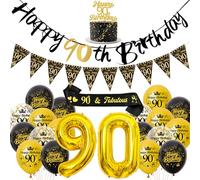 Decoration 90th Birthday Woman Man Balloons - Black Gold Happy Birthday Garland Cake Decoration and Sash, XXL Number Balloon and Bunting for 90th Birthday Party Decoration