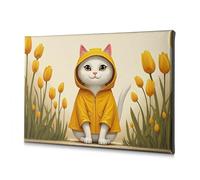 Decorations For Living Room A Cute Cat In A Yellow Raincoat Surrounded By Tulips. Canvas Decorative Picture Bathroom Wall Art Bathroom Pictures Wall Decor(20x30cm)
