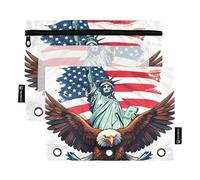 Decorative 3 Ring Binder Pencil Pouch Bald Eagle Statue of Liberty America Zipper Binder Pencil Bag Pen School Binders Clear Pockets Custom 9.8" x 7.1", 2 Packs