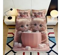 Decorative 3D Printed Fitted Sheet Cute Cat Mug Design Microfiber Soft Touch Home Bedroom Guest Room Bedding 90x200x25cm